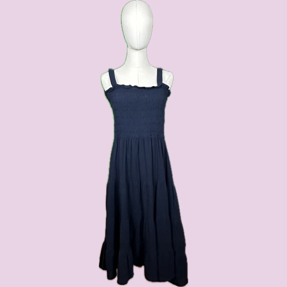 Navy Shirred Top Midi Sundress
